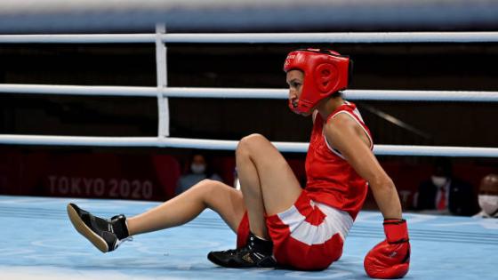TOKYO, JAPAN - JULY 25: Rabab Cheddar of Morocco is knocked down by Charley Sian Davison (not pictured) of Great Britain during the Women's Fly (48-51kg) on day two of the Tokyo 2020 Olympic Games at Kokugikan Arena on July 25, 2021 in Tokyo, Japan. (Photo by Luis Robayo - Pool/Getty Images)