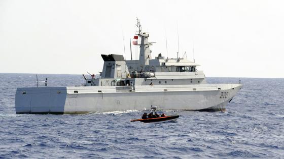 The Moroccan navy vessel Rais Charkaoui (OPV 320), with the U.S. Coast Guard Cutter USCGC Legare?s (WMEC 912) over-the-horizon smallboat alongside, patrols off the coast of Africa July 23, 2009, in the Atlantic Ocean. The U.S. Coast Guard and the Moroccan Royal Navy partnered for a nine-day law enforcement operation in Moroccan territorial waters, which showcased each services tactics, techniques and boarding procedures. (U.S. Coast Guard photo by Petty Officer 2nd Class Thomas M. Blue/Released)