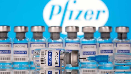 Vials labelled "Sputnik V Coronavirus COVID-19 Vaccine" and a syringe are seen in front of a displayed Pfizer logo, in this illustration photo taken March 12, 2021. REUTERS/Dado Ruvic/Illustration